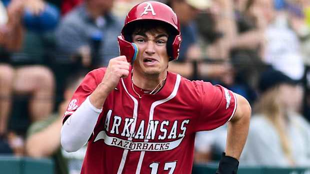 Razorbacks first baseman Brady Slavens heads for home against Vanderbilt on Friday